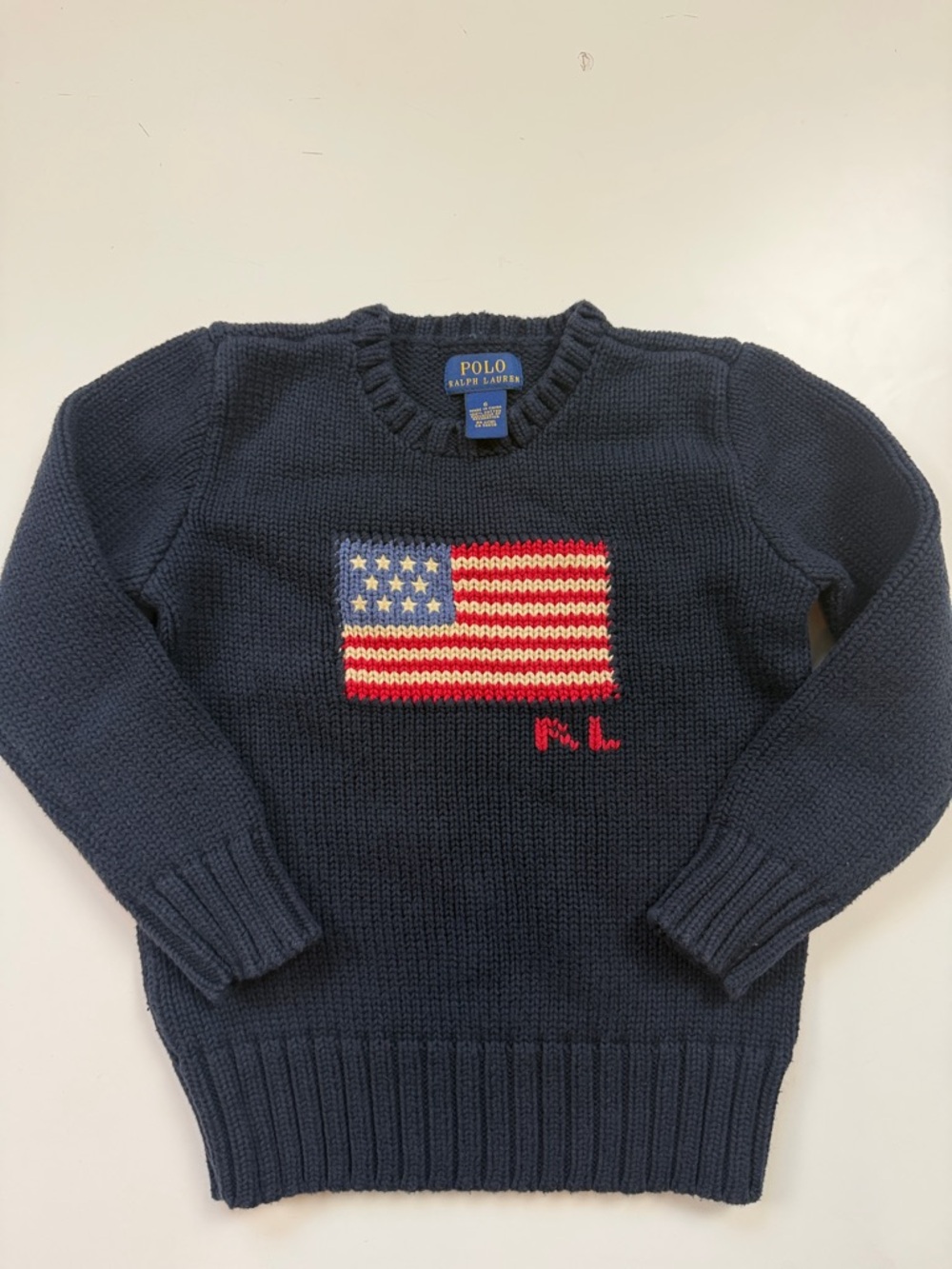Polo by Ralph Lauren Navy Knit Crewneck Sweater with Flag Motif - Boys Size 6